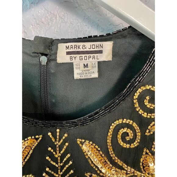 Mark & John By Gopal Black Sheer Beaded Gold Embroidered Dress Medium - Picture 3 of 13